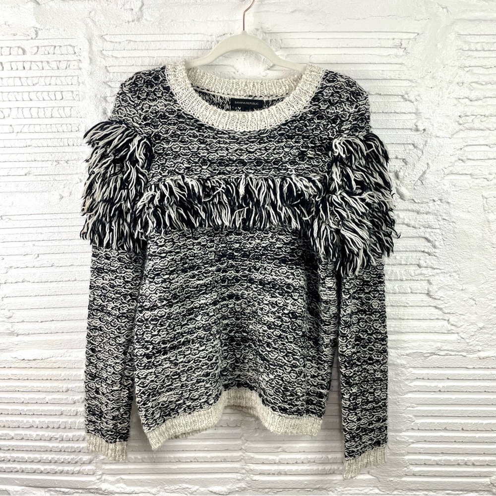 Banana Republic Black & White Fringe Crewneck Sweater